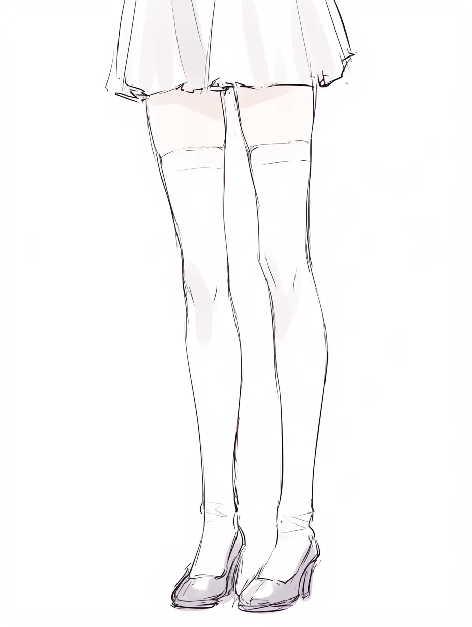 女の子の足（正面と靴）｜【基本構造】膝から下を中心に描き方を整理し、太腿のラインから足首への流れを直線的に繋げています。靴の形状を明確に描くことで安定感を出し、全体を均衡の取れた構図にしています。<br>【演出の方向性】シンプルな線と控えめな陰影によって、清楚で落ち着いた印象を与えています。足をすらりと強調し、上品さが漂う表現になっています。<br>