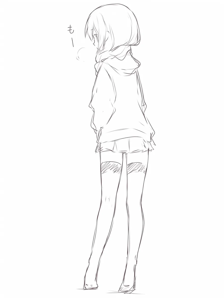 女の子の足（後ろ姿とマフラー）｜【基本構造】後ろ向きの姿勢を描き方として整理し、太腿からふくらはぎにかけて自然なS字の流れを意識しています。ゆるめの服装と対比して足のラインを細く描くことで軽快さを出しています。<br>【演出の方向性】「もー」と添えられた文字と合わせ、ラフな線で温かみを演出しています。やや拗ねたような雰囲気が足元の繊細さと調和し、可愛らしい感情表現を強めています。<br>