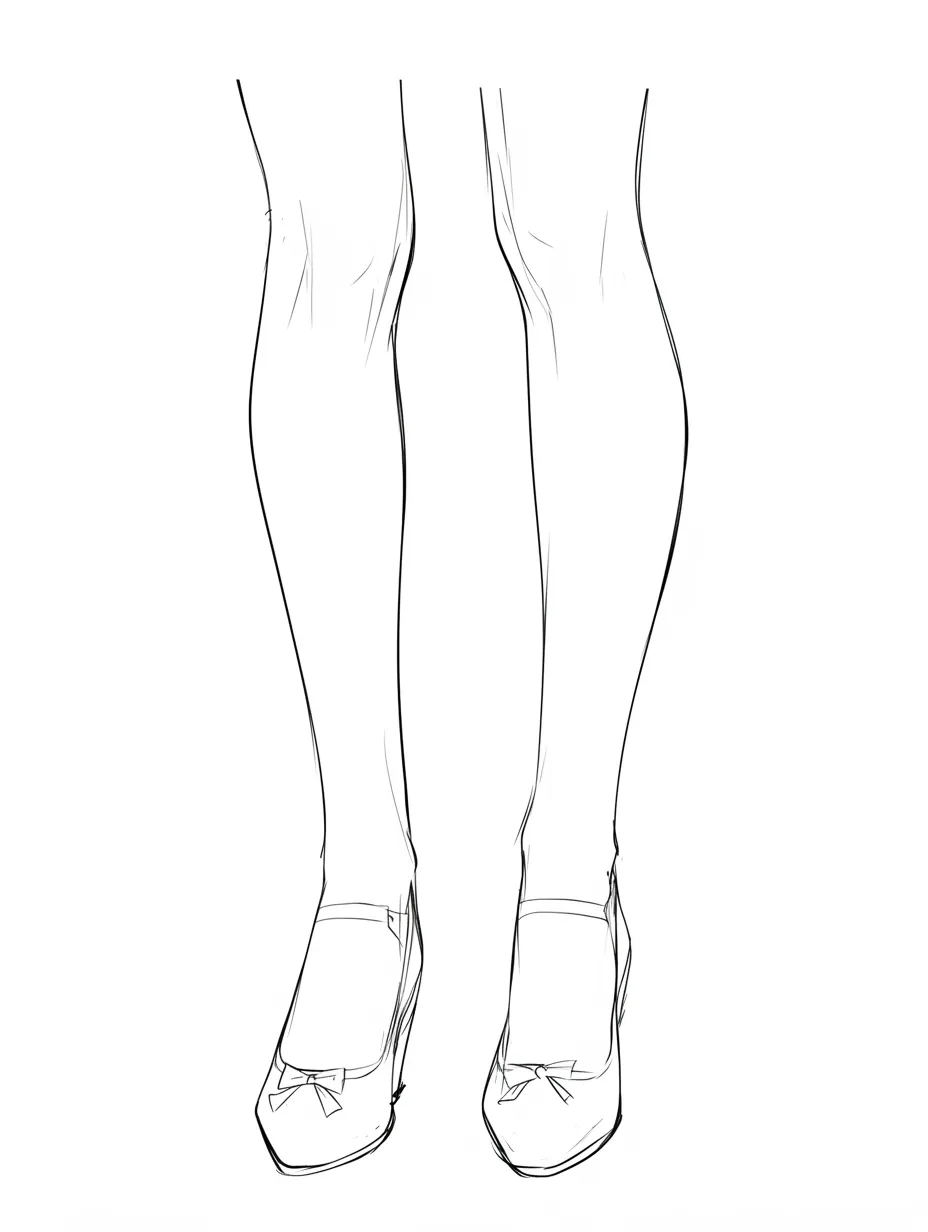 女の子の足（膝下アップとリボン付き靴）｜【基本構造】真正面からの膝下を描き方として捉え、骨格のシンプルさを強調しています。靴にリボンを付けることで足元の焦点を作り、均整のとれた形を目立たせています。<br>【演出の方向性】細い線で淡白に表現することで、装飾が目立ちすぎず素朴さが残っています。リボンの可愛さがワンポイントとなり、全体の印象を柔らかくしています。<br>