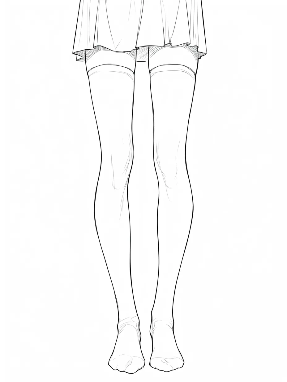 女の子の足（正面とニーソックス）｜【基本構造】足を揃えて真正面に描き方を統一し、ニーソックスのラインが足の長さを強調しています。スカートとの境界をはっきり描いて安定した縦のバランスを形成しています。<br>【演出の方向性】線画を丁寧に整え、余白を活かすことで清涼感を演出しています。ニーソの境目が視線を集め、すっきりした雰囲気の中に可愛さを感じさせる表現です。<br>