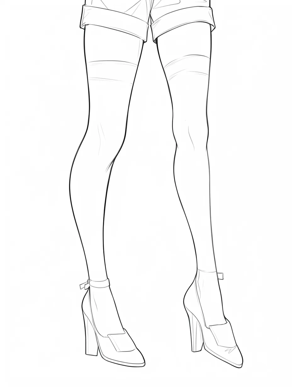 女の子の足（ショートパンツとヒール）｜【基本構造】ヒールを履いた足を描き方として整理し、膝から下のラインを縦長に引き伸ばしています。ショートパンツの裾が太腿の起点となり、足全体の均整が際立つ構図です。<br>【演出の方向性】直線的で硬質な靴のデザインが足の細さを強調し、シャープで大人びた印象を演出しています。可愛さよりもスタイリッシュさが前面に出る表現になっています。<br>