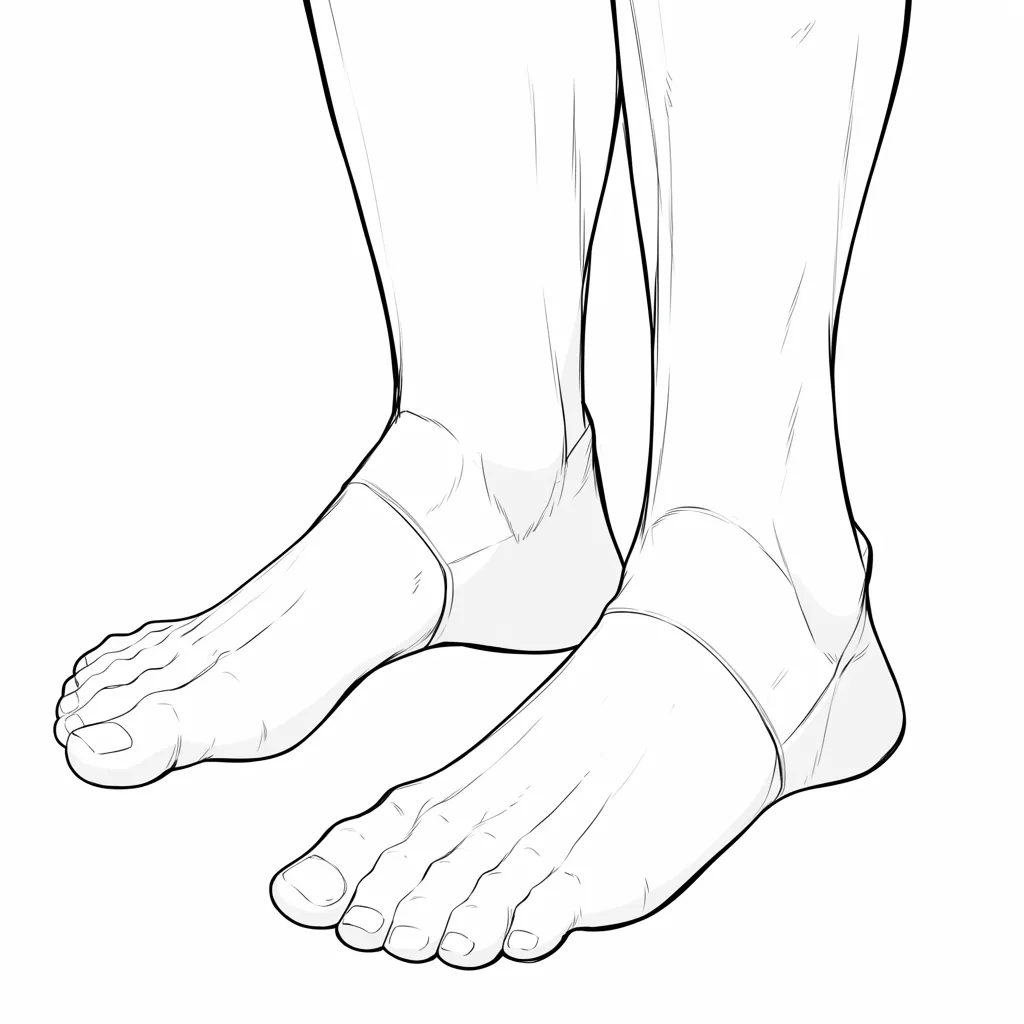 男の足（足元アップと裸足の指）｜【基本構造】両足を寄せて描き方を正面寄りに捉え、指の形や爪を細かく描き込むことで骨格を強調しています。足首から甲にかけての筋張りがリアルに表現されています。<br>【演出の方向性】線を丁寧に整えているため写実性が高く、装飾を排してシンプルな力強さが出ています。人体資料のような中立的で真面目な印象になっています。<br>
