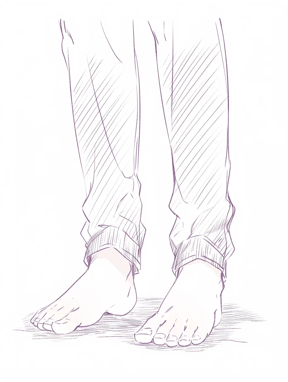 男の足（立ち姿と裸足）｜【基本構造】正面から足を揃えて立つポーズを描き方として整理し、重心の安定を重視しています。ズボンの裾を足首にかけて落とすことで、足先との境界を自然に表現しています。<br>【演出の方向性】線の明暗を使い分けて、足先に柔らかい存在感を持たせています。シンプルながらも安心感のある立ち姿が、穏やかな雰囲気を演出しています。<br>