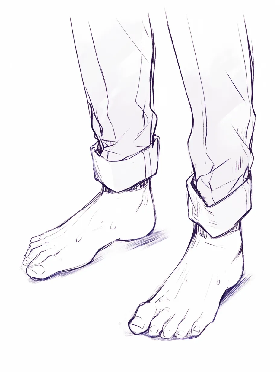 男の足（斜め立ちと裸足の質感）｜【基本構造】片足に重心を置き、もう片方を軽く開いた描き方で、立ち姿にリズムを与えています。足の甲や指の筋張りを細かく描き込み、写実的な肉感を表現しています。<br>【演出の方向性】汗のようなハイライトが加えられ、生々しいリアルさが強調されています。日常感の中に動的な気配を含み、観る側に臨場感を伝える表現です。<br>