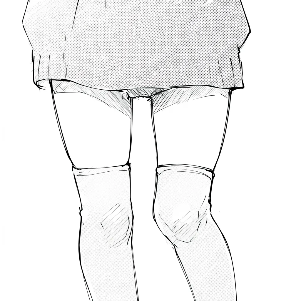 太ももと女の子（ニットとハイソックス）｜【基本構造】やや下からの視点で太ももを描き方として整理し、スカートの裾とソックスの境界線を強調しています。太腿の丸みを際立たせ、膝を正面に見せています。<br>【演出の方向性】トーン処理による落ち着いた陰影が柔らかさを演出し、衣服の隙間から覗く部分が視線を集めています。静かな中に少し色気を帯びた印象を与えています。<br>