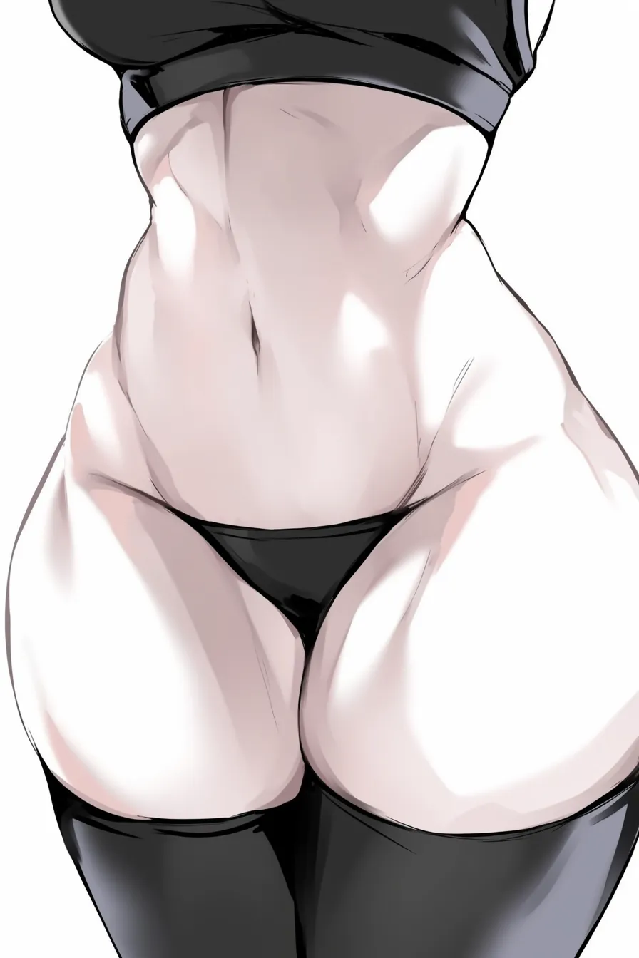 太ももと女の子（正面と下着＋ソックス）｜【基本構造】腰から太腿を真正面に描き方として配置し、ハイソックスの黒が足の太さを際立たせています。腹筋から腰骨のラインも加えて構成を安定させています。<br>【演出の方向性】高コントラストな陰影で引き締まった印象を与え、肉感的な太ももとスリムな腰回りの対比を際立たせています。強い存在感を放つ表現になっています。<br>
