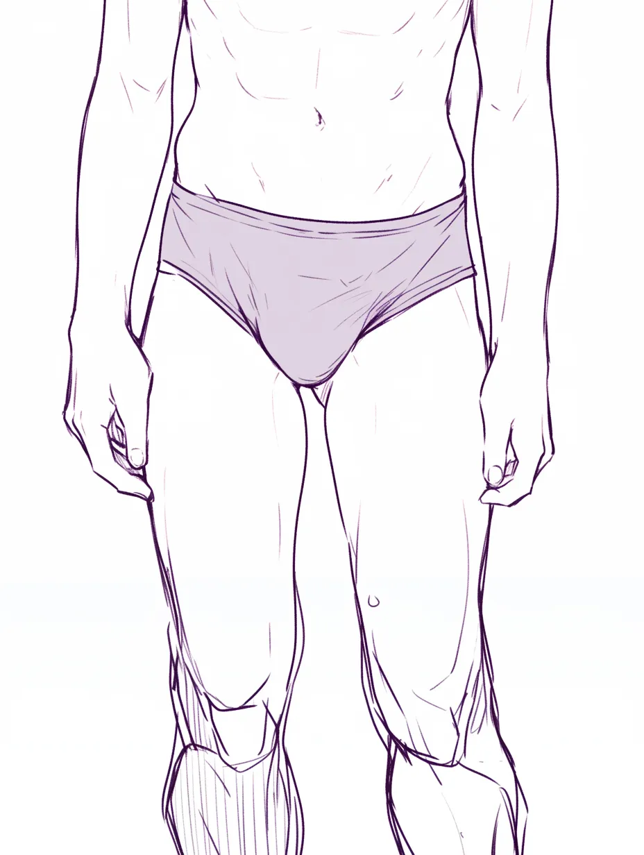 太ももと男（下着と素足）｜【基本構造】正面から直立した姿勢を描き方に取り入れ、腰から太ももまでの自然な流れを強調しています。シンプルな下着で骨盤の位置を示し、足の筋肉の起点を明確にしています。<br>【演出の方向性】余計な装飾を省き、純粋に筋肉の形状を浮き立たせることで、シンプルかつ冷静な印象を与えています。観察用資料のような端正さがあります。<br>