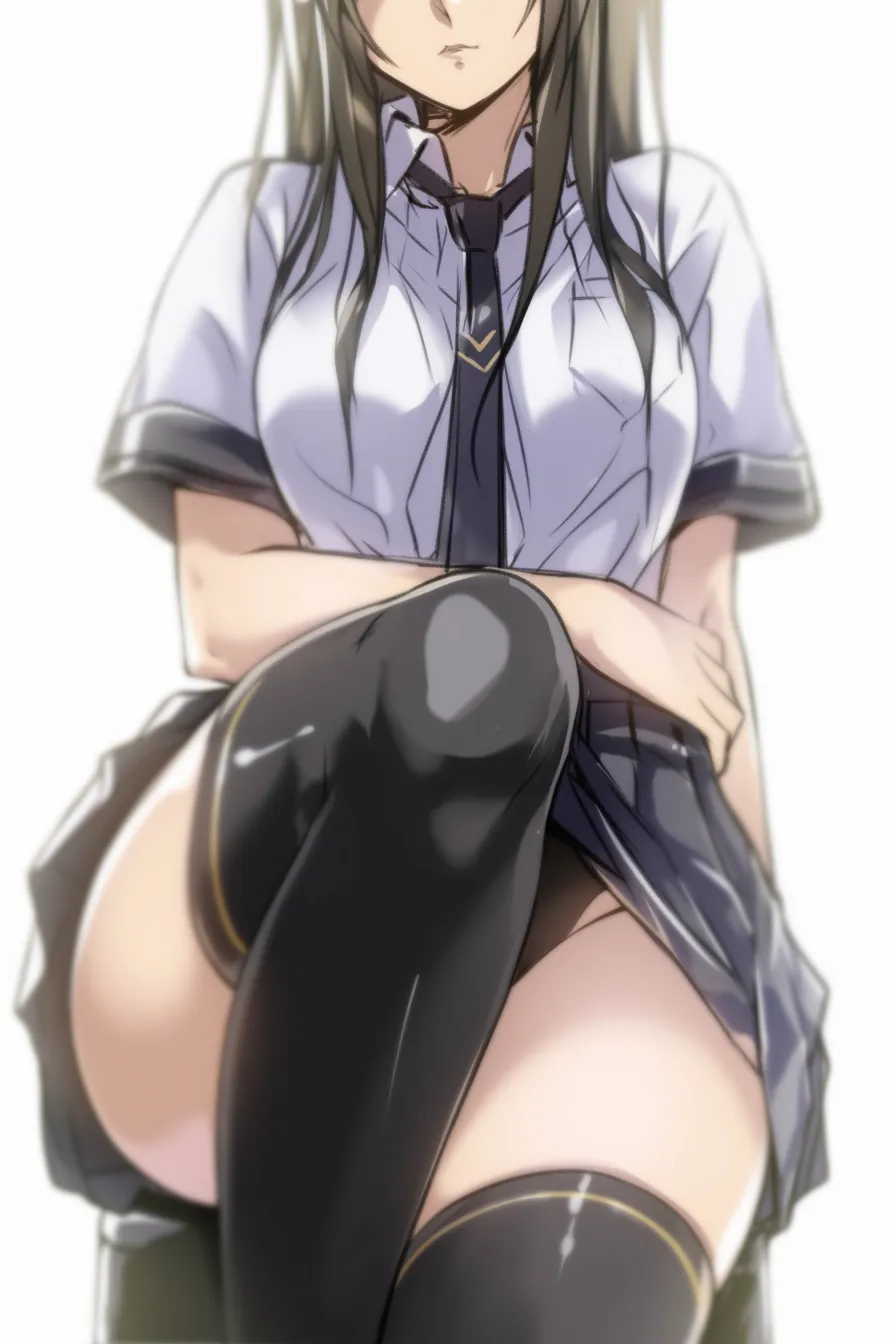 足を組む女の子のシンプルな座り方｜【基本構造】椅子に端正に座り、両腕を体の横に添えて足を組む描き方。脚線が長く見えるように真っ直ぐな線で整理されています。<br>【演出の方向性】過度な装飾を省いたことで清潔感が強調され、きちんとした印象を観る人に与えます。<br>