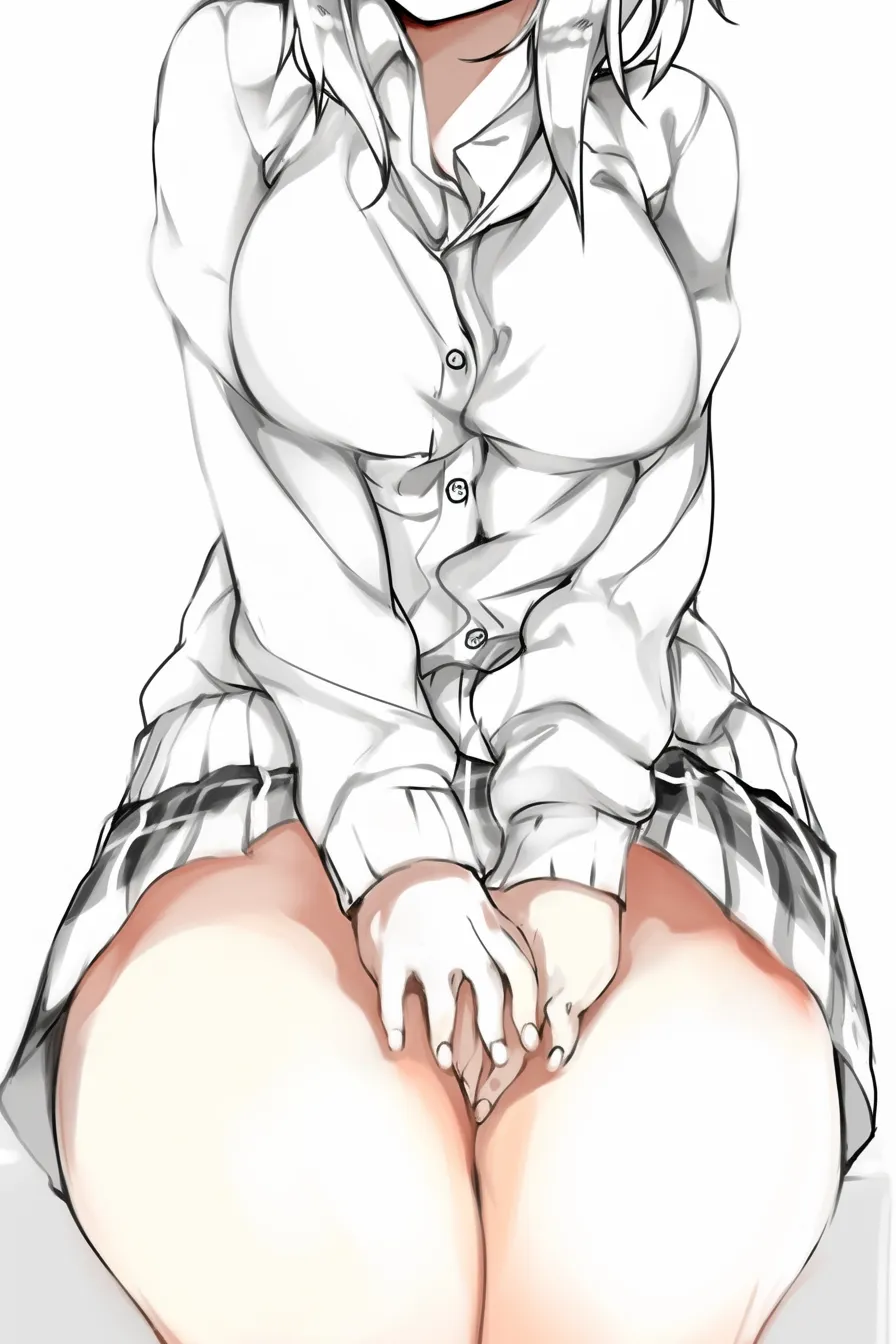 絶対領域の前屈み座り｜【基本構造】椅子に腰掛け両手を腿の前で重ねる描き方で、膝を閉じる姿勢により絶対領域を上から見せています。<br>【演出の方向性】伏し目がちな雰囲気と相まって、奥ゆかしさや慎ましい印象を与えつつ、視線を自然に脚へ導きます。<br>