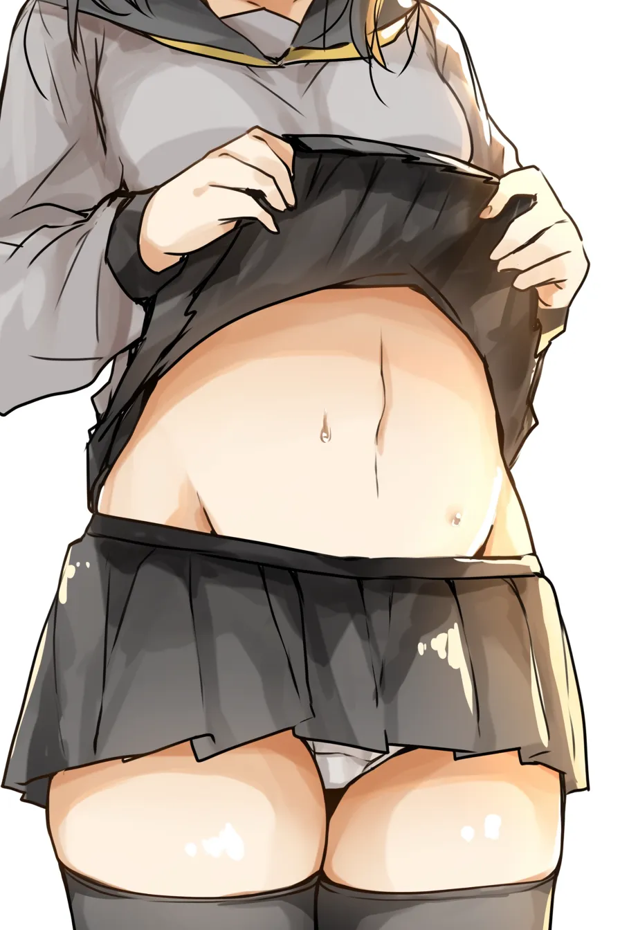 絶対領域の持ち上げポーズ｜【基本構造】スカートの裾を両手でつまみ上げる描き方で、腰から脚へと視線を流す構図です。<br>【演出の方向性】軽快さの中にあえて露出を強調する仕草が加わり、快活でありながらも視覚的なインパクトを強めています。<br>