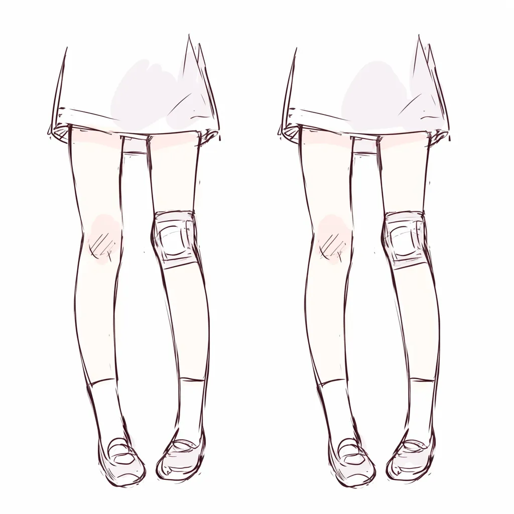 膝の比較ポーズ｜【基本構造】素足とサポーターをつけた膝を並列して描く描き方です。微妙な膝のラインの差異を意識して整理しています。<br>【演出の方向性】比較によって強調される変化が視覚的効果を生み、解説的で実用的な印象を持たせます。<br>