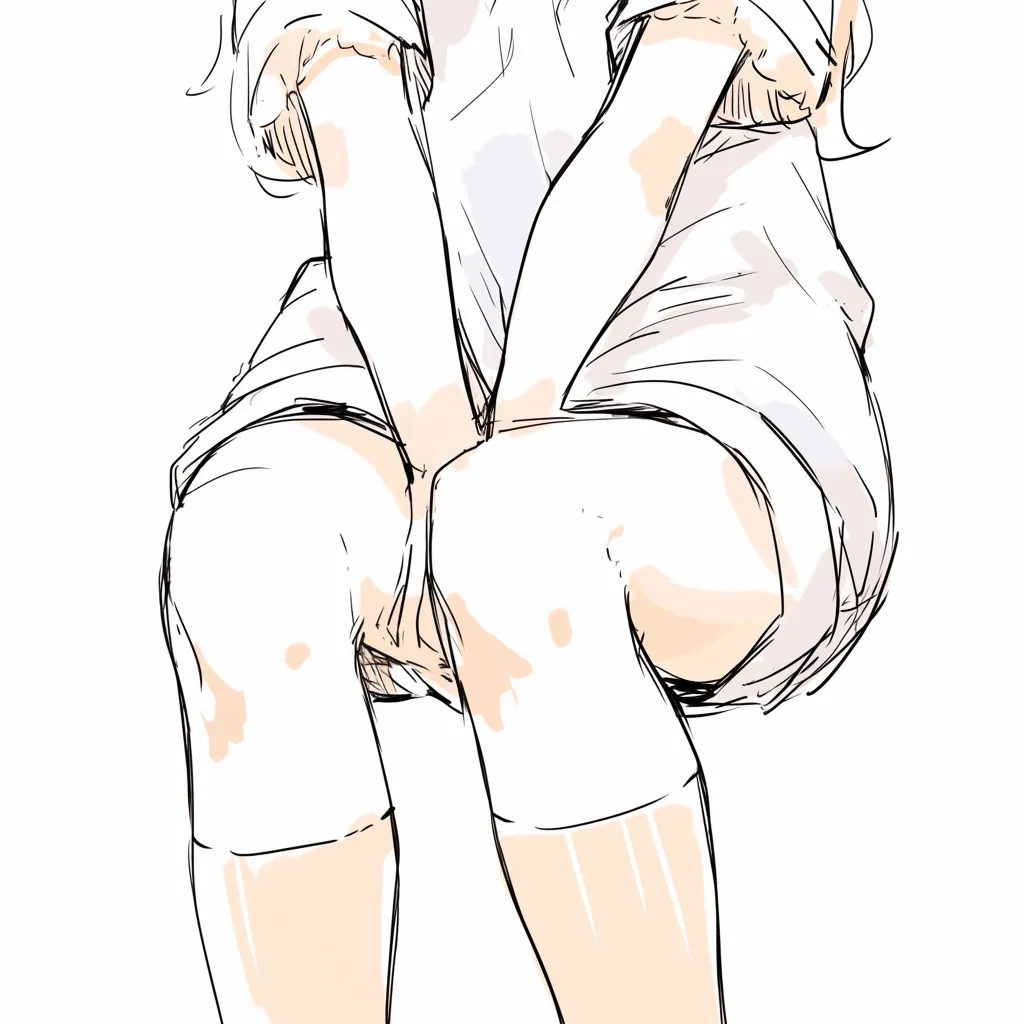 膝曲げのポーズB｜【基本構造】両膝を揃えて内側に曲げ、手を膝の間に置く描き方で、短い衣服との境界が強調されています。<br>【演出の方向性】羞恥や戸惑いを感じさせる配置で、手の位置が心情を象徴し、可憐さと脆さを演出します。<br>