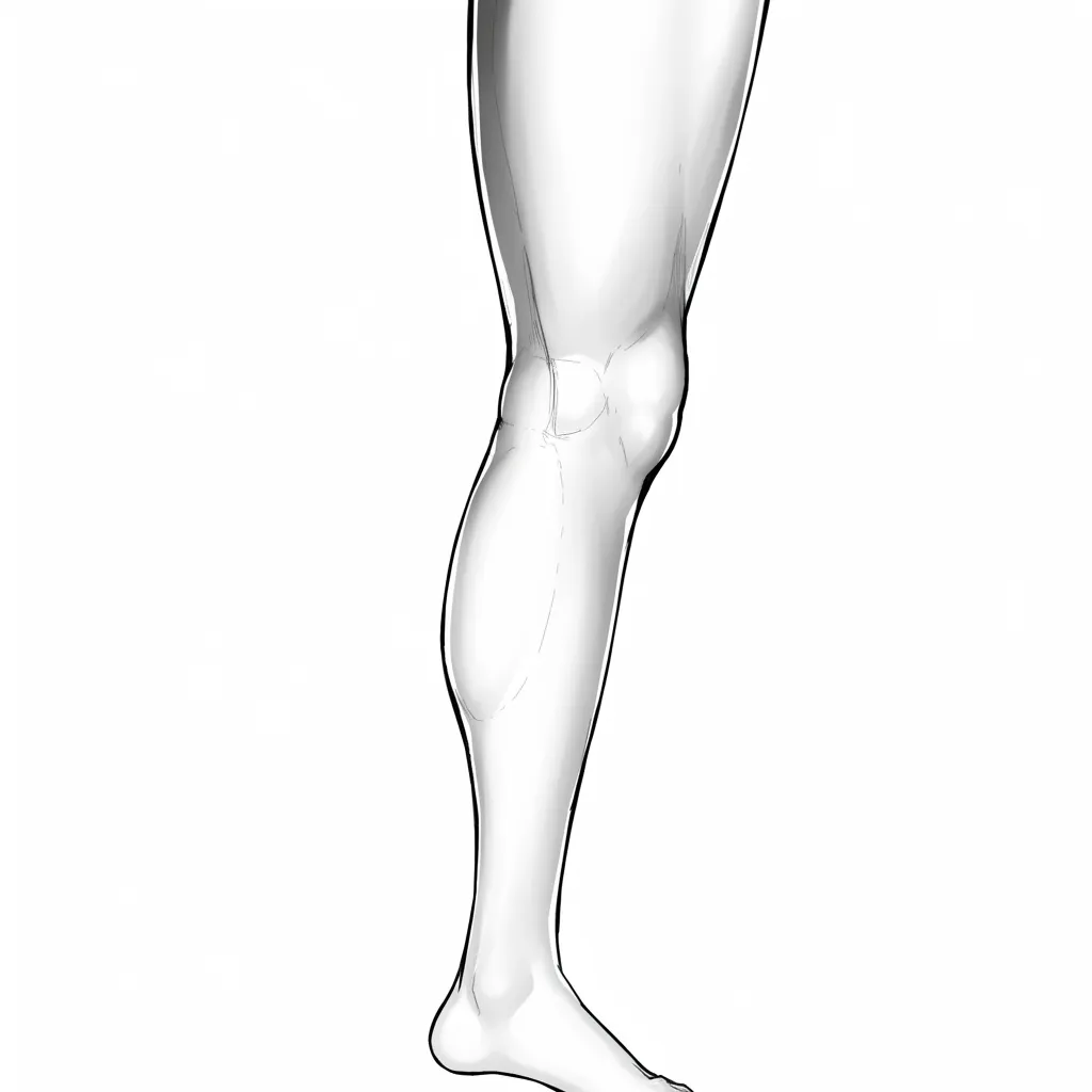 膝裏の側面C｜【基本構造】片足を伸ばし、膝裏の腱とふくらはぎの膨らみを正確に描き方で捉えています。直線と曲線の切り替えが骨格を際立たせます。<br>【演出の方向性】筋肉の張りを強調することで力強さを感じさせ、シンプルな立ち姿にも確かな存在感を持たせます。<br>