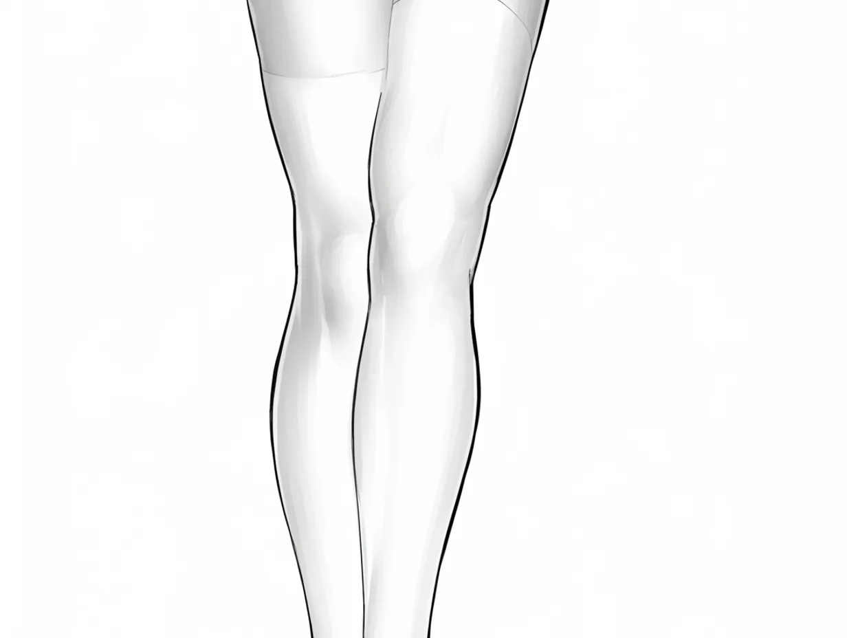 膝裏の正面D｜【基本構造】両脚を揃え、正面から描いた膝裏で、太ももからふくらはぎまでの緩やかな流れを丁寧に描き方で整理しています。<br>【演出の方向性】滑らかなシルエットと光の反射を加えることで、健康的で清楚な印象を表現できます。<br>