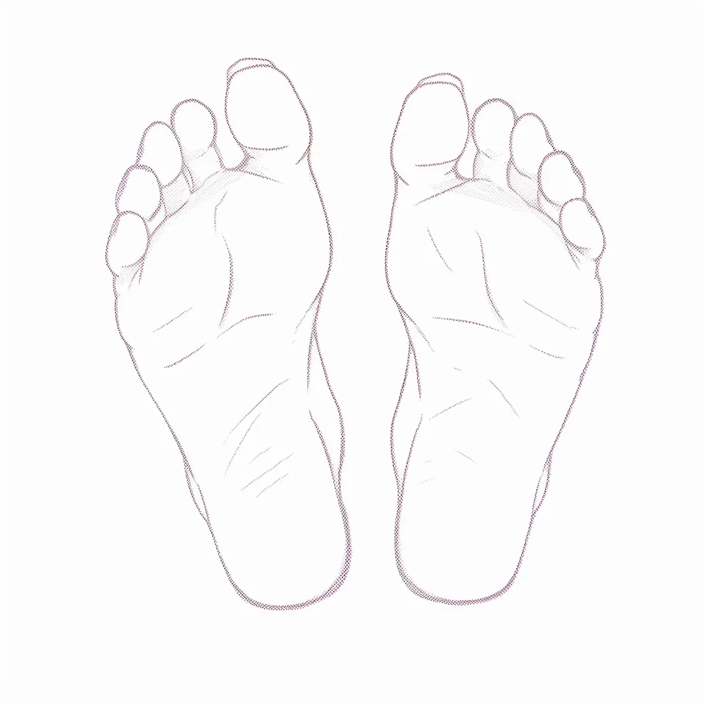 足の裏の正面B｜【基本構造】両足を揃えて正面から描いた足裏の描き方で、しわや肉感を左右対称に整理しています。<br>【演出の方向性】対象的な配置により安定感が生まれ、観察的で資料性の高い印象を与えます。<br>