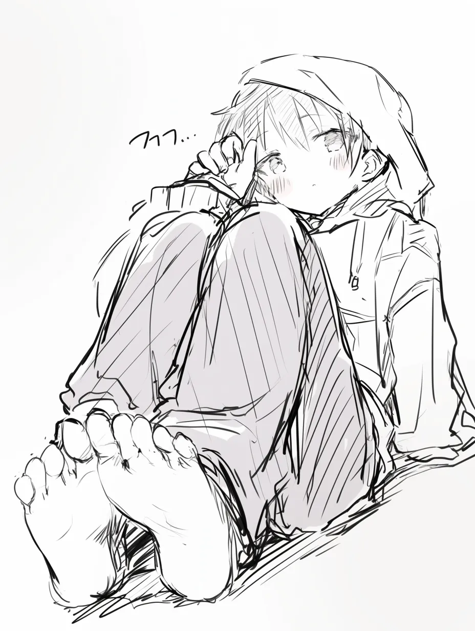 足の裏のリラックスC｜【基本構造】座った姿勢で足裏をこちらに向ける描き方で、足指の自然な開きと体重のかかり方を強調しています。<br>【演出の方向性】柔らかい線の流れが無邪気さや親しみを演出し、キャラクターの気取らない雰囲気を醸し出します。<br>