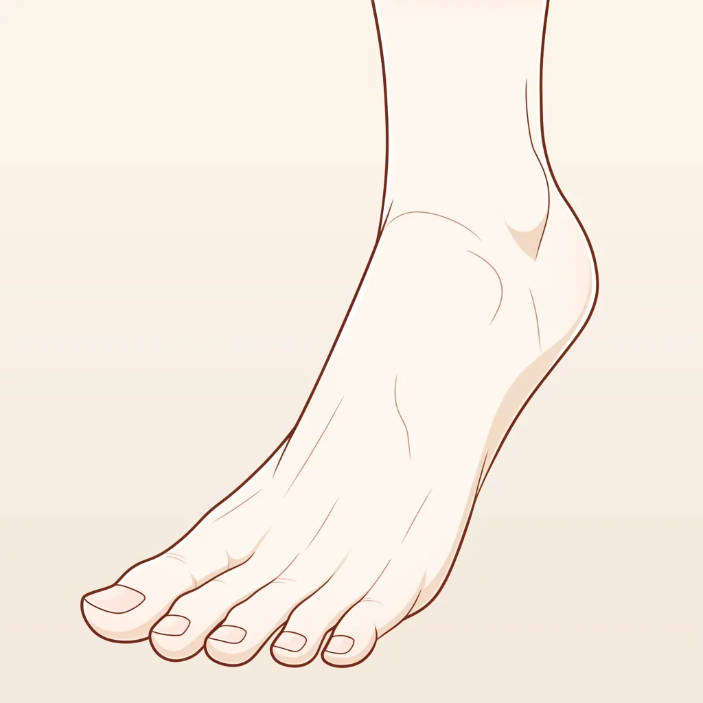足指の斜めB｜【基本構造】足の甲から足指までを滑らかなラインでつなげる描き方で、指の長さや形が整然と見える構図です。<br>【演出の方向性】シンプルな線と影で清潔感を演出し、イラスト資料としての視認性を高めています。<br>
