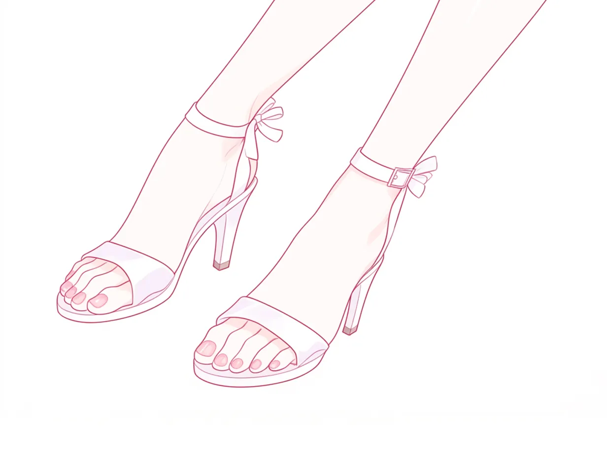 足指のサンダルE｜【基本構造】ハイヒールのストラップに収まった足指を描く描き方で、甲の張りと爪の形が強調されます。<br>【演出の方向性】靴との組み合わせで女性的で華やかな印象となり、スタイルや気品を際立たせます。<br>