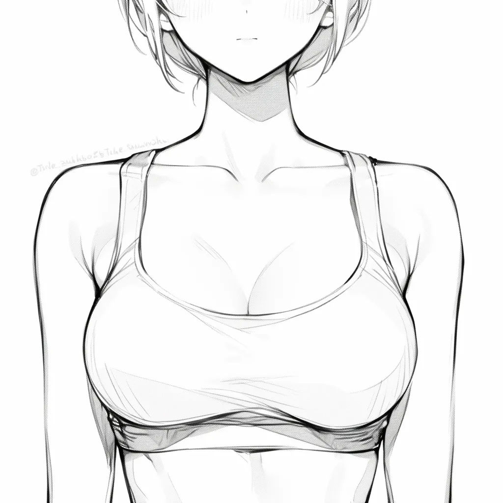 女性の胸（線画＋トーン表現）｜【基本構造】影やトーンで布の厚みと胸の膨らみを強調。体幹の筋肉との境界線をはっきり描くことで、メリハリある印象になる。<br>【演出の方向性】モノクロ原稿で質感を出すときに有効で、リアル寄りの雰囲気を演出できる。<br>