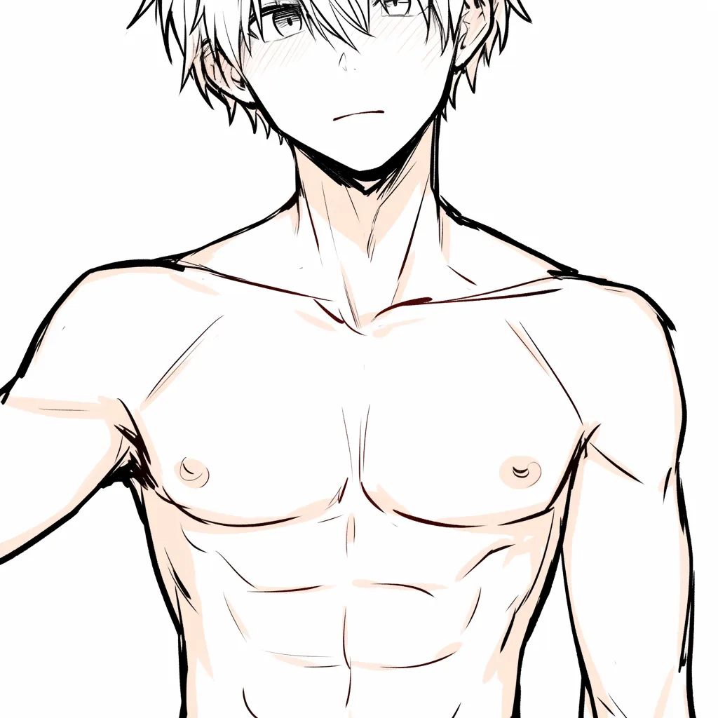 雄っぱいの柔らかさ｜【基本構造】正面からの胸板を少し緩やかな線で描き、筋肉を過度に誇張せずバランスを取った描き方です。首筋から胸へ自然な流れを持たせています。<br>【演出の方向性】淡い陰影と頬の赤みを添えることで、筋肉的でありながら柔らかく親しみやすい雰囲気を演出しています。<br>