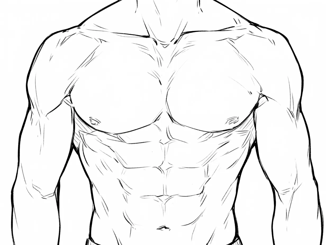 雄っぱいの厚み｜【基本構造】大胸筋を大きく盛り上げる描き方で、肩から胸への流れを直線的に描き、力感のあるシルエットを作り出しています。腹筋とのバランスも強調されています。<br>【演出の方向性】濃い陰影を重ねることで筋肉の立体感を鮮やかに演出し、迫力と威圧感を持たせています。<br>