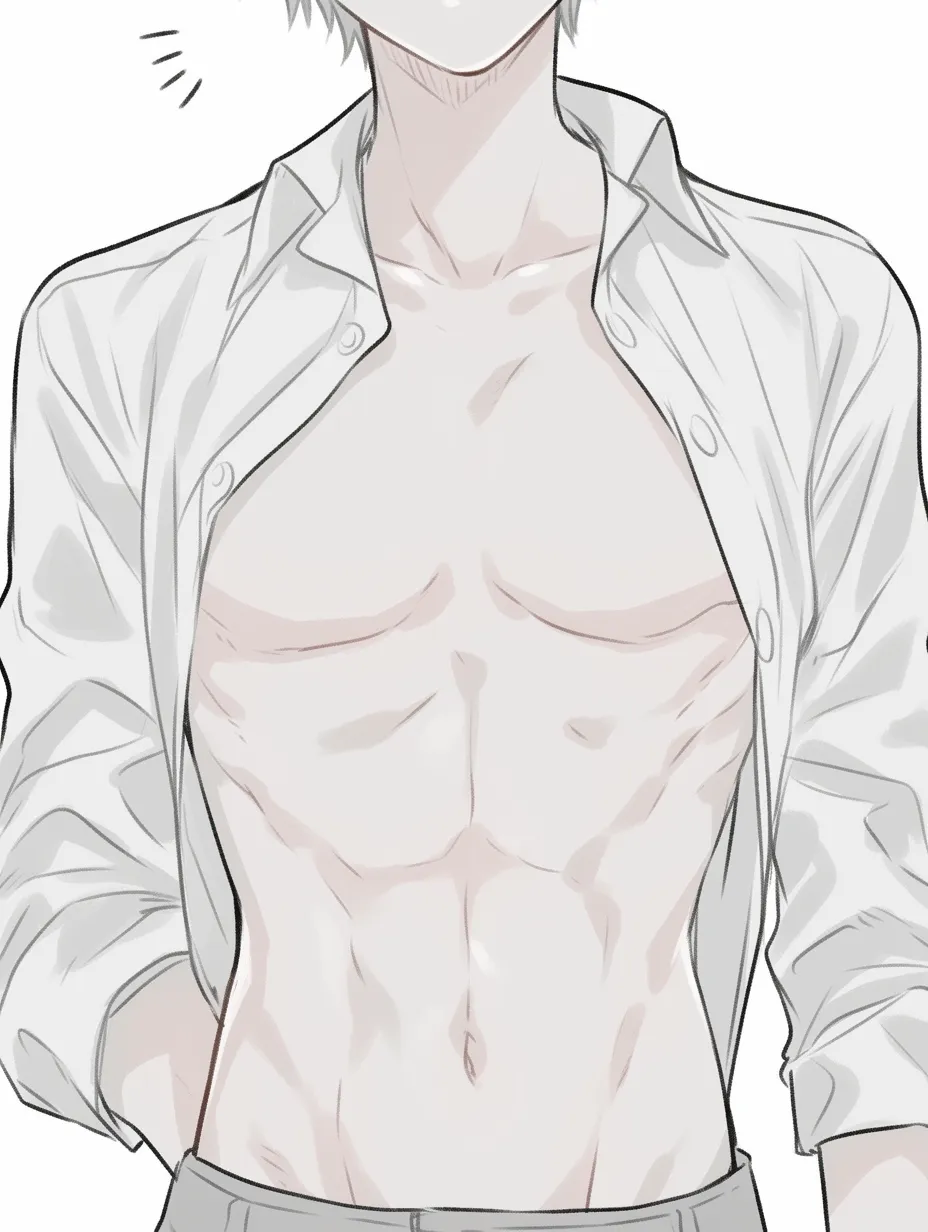 雄っぱいの細身シルエット｜【基本構造】胸板と腹筋を細めにまとめ、全体の骨格を縦に長い比率で描き方として構築しています。肋骨や腰のラインを細やかに描いています。<br>【演出の方向性】線を薄めに保ち、柔らかな陰影で演出することで、繊細で中性的な印象を生み出しています。<br>