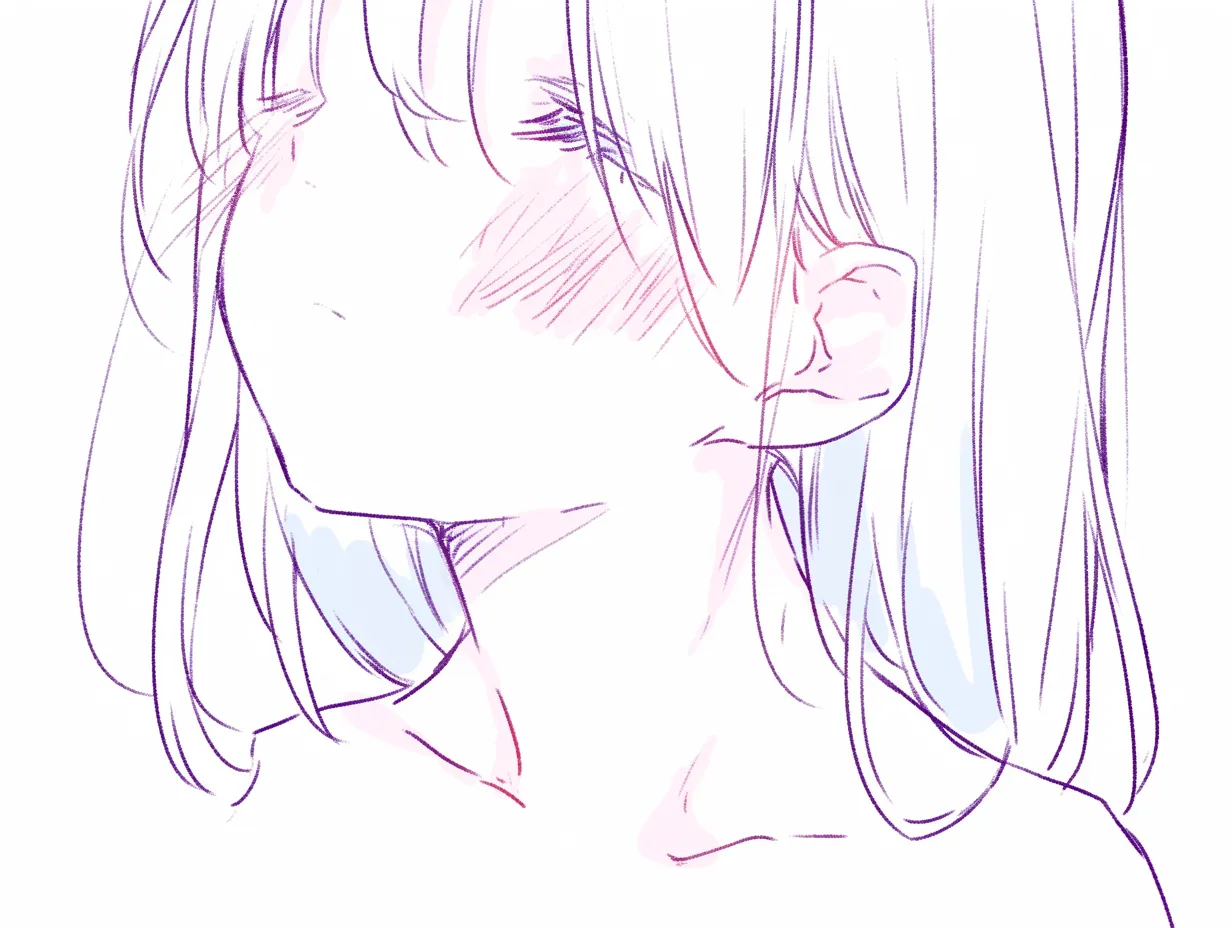 首の柔らかさ｜【基本構造】肩を落とし、顎をわずかに引いた描き方で首筋の柔らかさを強調しています。髪は首にかかり、輪郭を柔らかく覆います。<br>【演出の方向性】伏せた目と淡い色彩が穏やかさを漂わせ、首のしなやかさを通じて静謐で優しい空気を演出しています。<br>