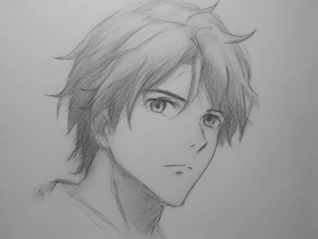 リアルな輪郭｜【基本構造】斜め上を見つめる青年の顔をやや強調した輪郭で描き方し、髪に動きを持たせています。<br>【演出の方向性】力強い視線と陰影の配置が、決意や意志の強さを伝える表現となっています。<br>