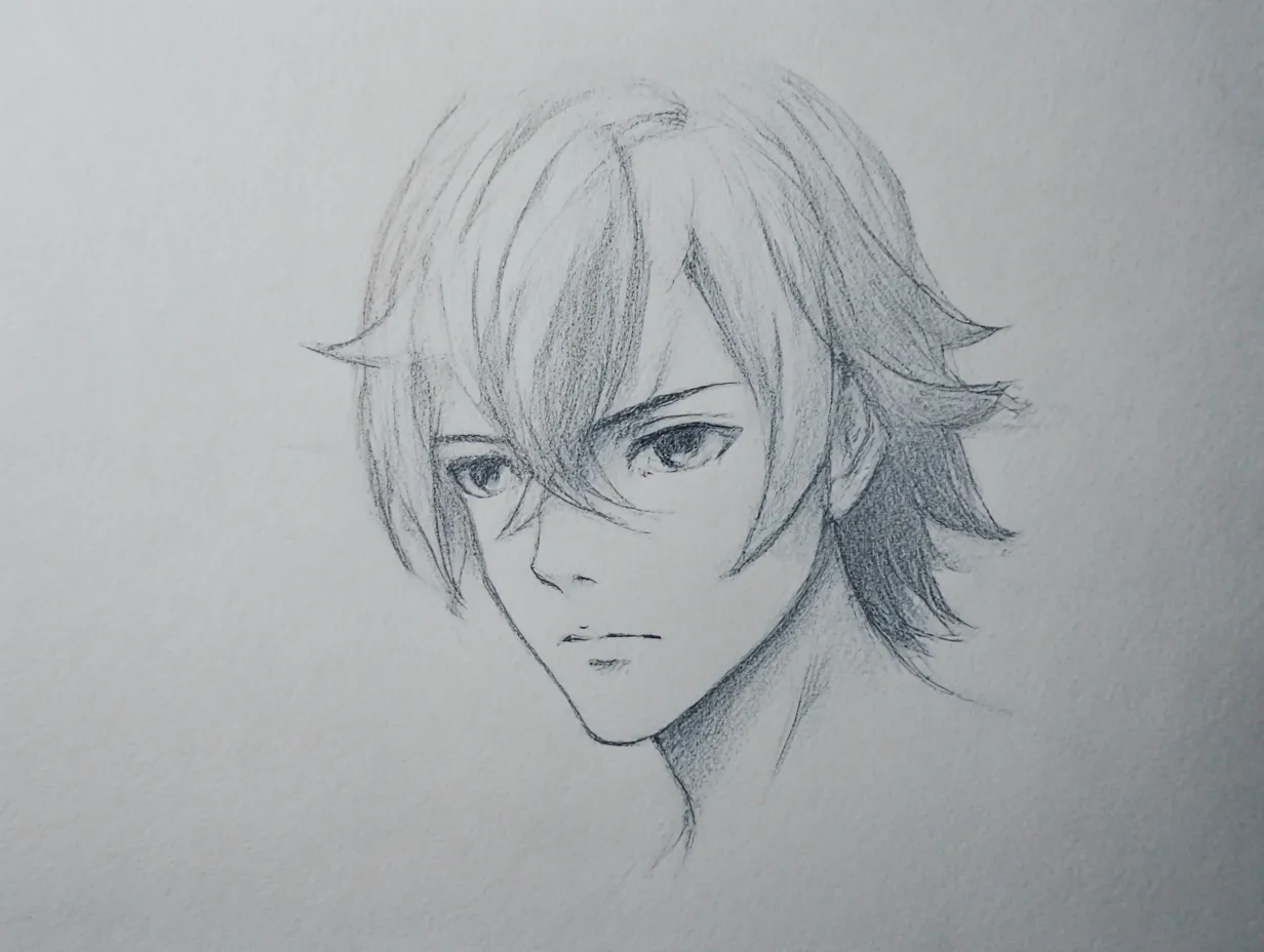 リアルな輪郭｜【基本構造】横顔に近い角度で描き方を整理し、長めの髪とシャープな顎のラインを組み合わせています。<br>【演出の方向性】鋭い目元と直線的な輪郭がクールで知的な印象を与えています。<br>