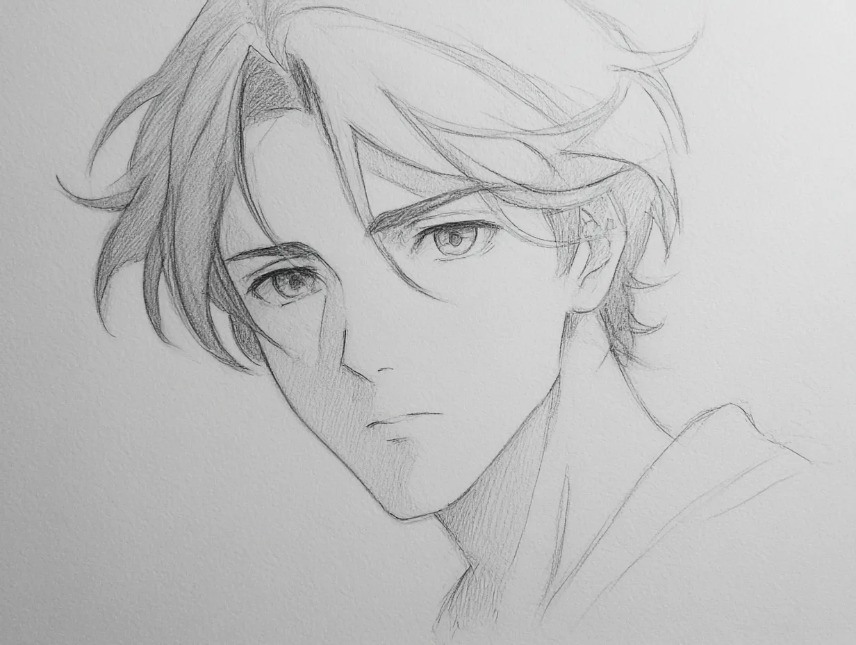 リアルな輪郭｜【基本構造】斜め視線の青年を、柔らかな髪の流れと細身の顎で描き方しています。<br>【演出の方向性】柔らかい線が全体の雰囲気を和らげ、内面の繊細さを漂わせています。<br>