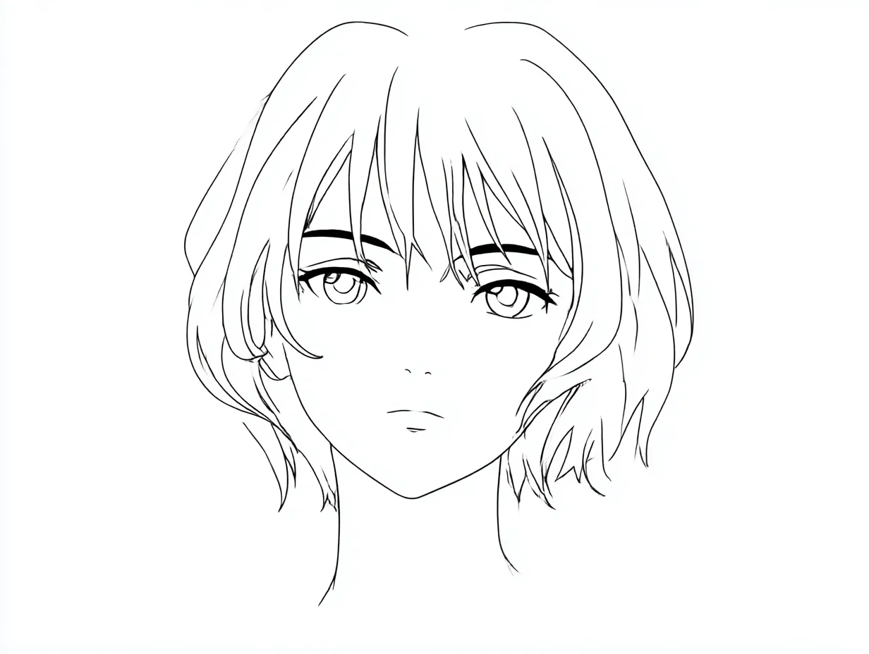 リアルな輪郭｜【基本構造】ショートヘアの人物を正面から見せ、輪郭をすっきりと整理する描き方です。<br>【演出の方向性】余計な陰影を抑えた線の強調が、シンプルで端正な印象を際立たせています。<br>
