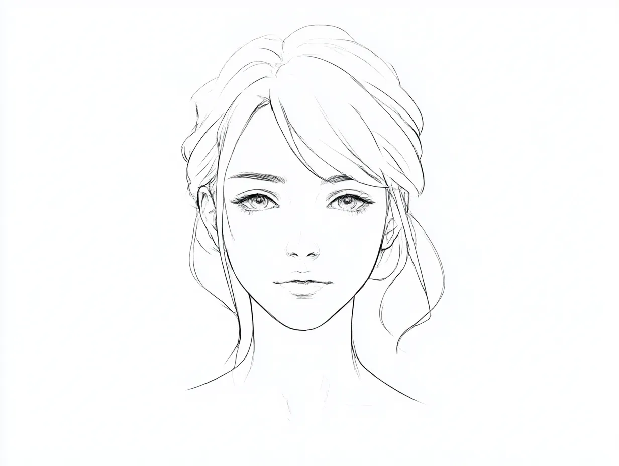 リアルな輪郭｜【基本構造】髪を後ろにまとめ、顔の中央軸を強調する描き方で正面に配置しています。<br>【演出の方向性】目元や口元を柔らかい曲線で整理し、優しさと自然な美しさを感じさせる仕上がりです。<br>