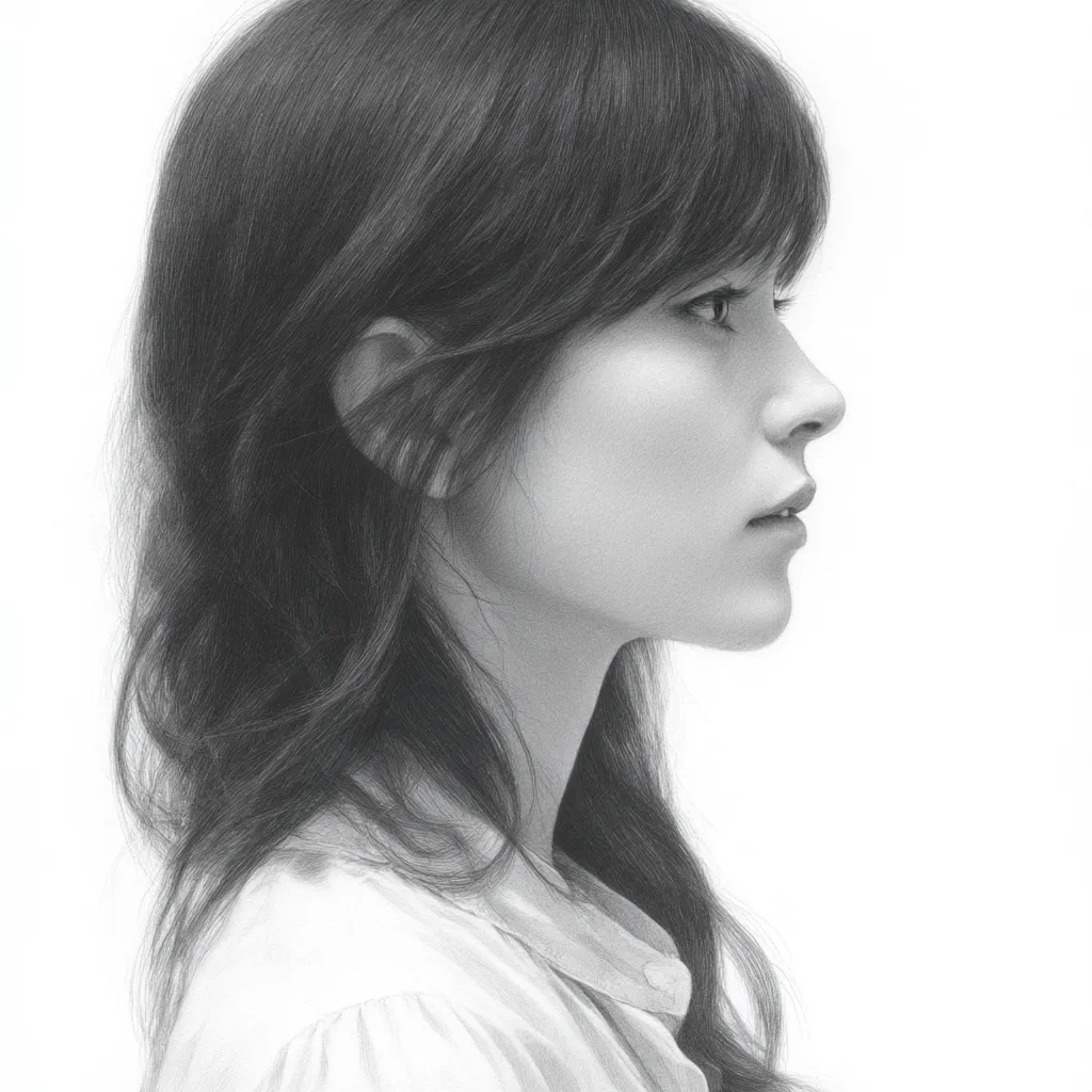 リアル横顔の女性（ロングヘア）｜【基本構造】首から肩にかけての自然なラインを描き方の軸にし、髪の毛は柔らかく流れる質感で横顔を包み込んでいます。視線はやや遠くに向け、鼻と唇の直線的な配置がシンプルさを際立てています。<br>【演出の方向性】髪の細部を抑え、光を柔らかく拾うことで清潔感と静けさを強調。口元のわずかな緊張が、穏やかながらも意思の強さを伝えています。<br>