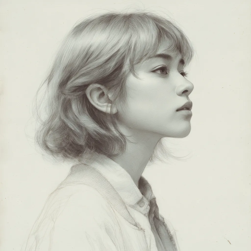 リアル横顔の女性（ショートヘア）｜【基本構造】髪を短く切り揃えた描き方で、耳から顎にかけてのラインを明快に示し、正面に向けられた視線を強調しています。首の角度は直線的で安定感を持たせています。<br>【演出の方向性】髪の短さが顔立ちを際立たせ、光を均等に受けることで若々しさや軽快さが演出されています。目元の集中した描写が意志の強さを強調します。<br>