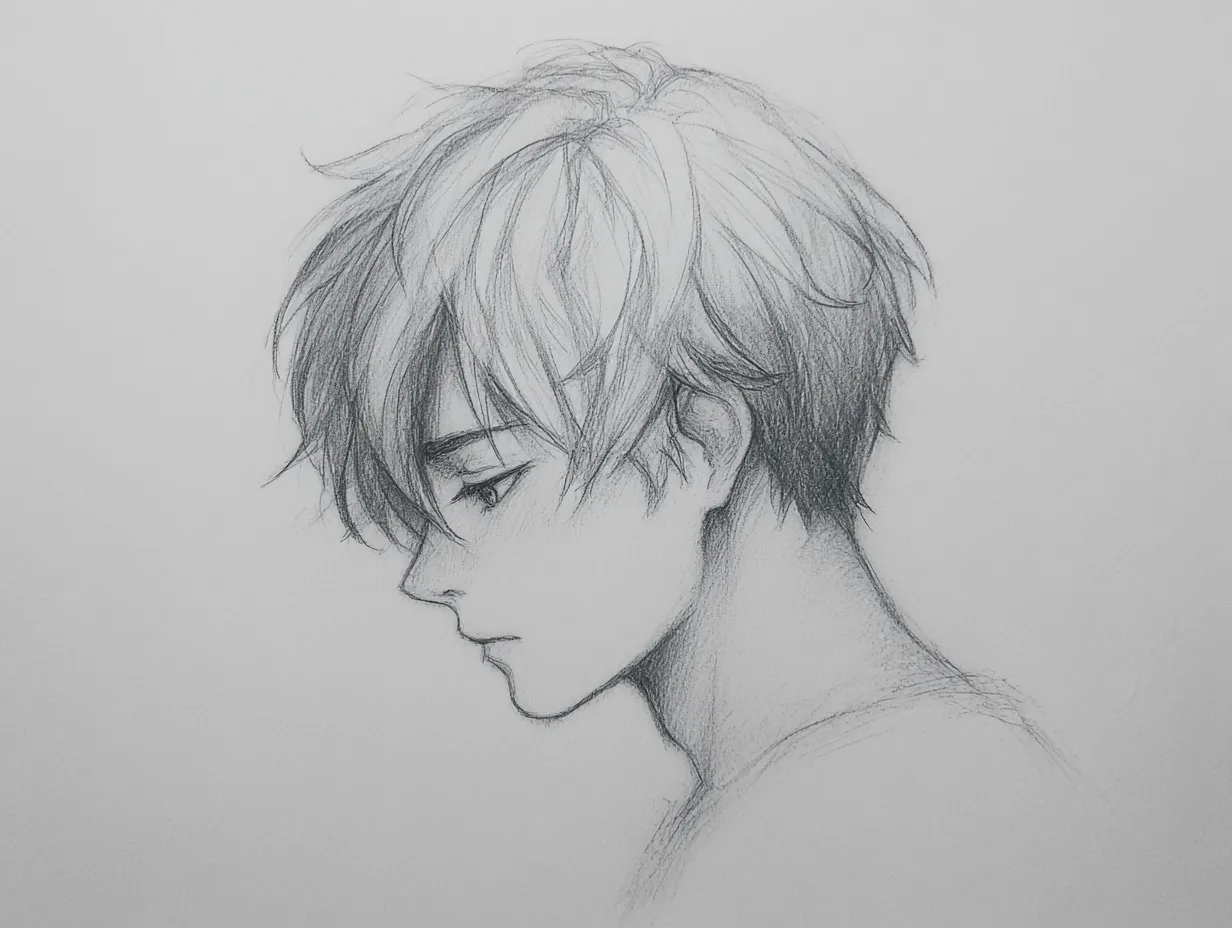 リアル横顔の男性（伏し目）｜【基本構造】うつむき加減の首筋を描き方で強調し、頬骨から顎にかけての角度をシャープに表しています。髪はラフに流し、前髪が視線を隠す構成です。<br>【演出の方向性】伏し目がちな目線が内省的な印象を与え、髪の乱れが感情の揺らぎを示唆しています。淡い陰影によって静かな哀愁を漂わせています。<br>