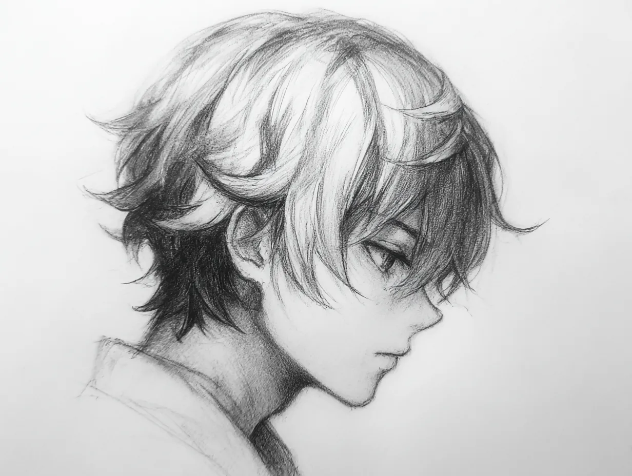 リアル横顔の男性（硬質な影）｜【基本構造】首と肩を直線的に描き方で組み立て、髪の毛先は鋭く跳ねるように描かれています。顔の輪郭は明確に区切られ、硬さを強調した構図です。<br>【演出の方向性】濃い影が輪郭を際立たせ、強い光と対比することで緊張感を増幅。冷たい眼差しが鋭い印象を残し、毅然とした存在感を演出しています。<br>