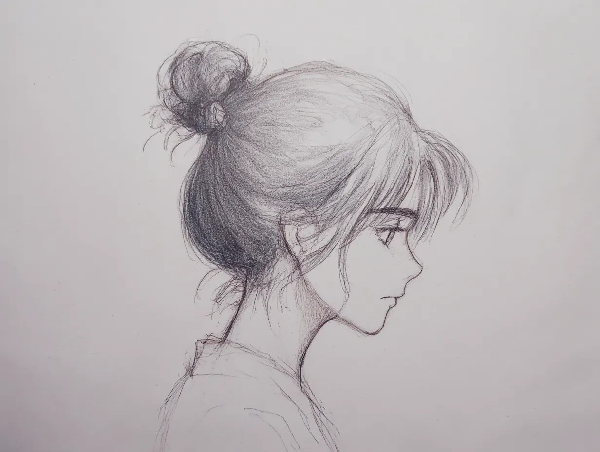 リアル横顔の女性（整ったまとめ髪）｜【基本構造】髪をきっちりまとめた描き方で、後頭部から首筋までの曲線を丁寧に整えています。視線は下方に向かい、静かな印象を与える骨格描写です。<br>【演出の方向性】整った髪型が几帳面さを表し、陰影のコントロールで柔らかさを付加しています。落ち着いた雰囲気が漂い、理知的で内省的な印象を強調しています。<br>