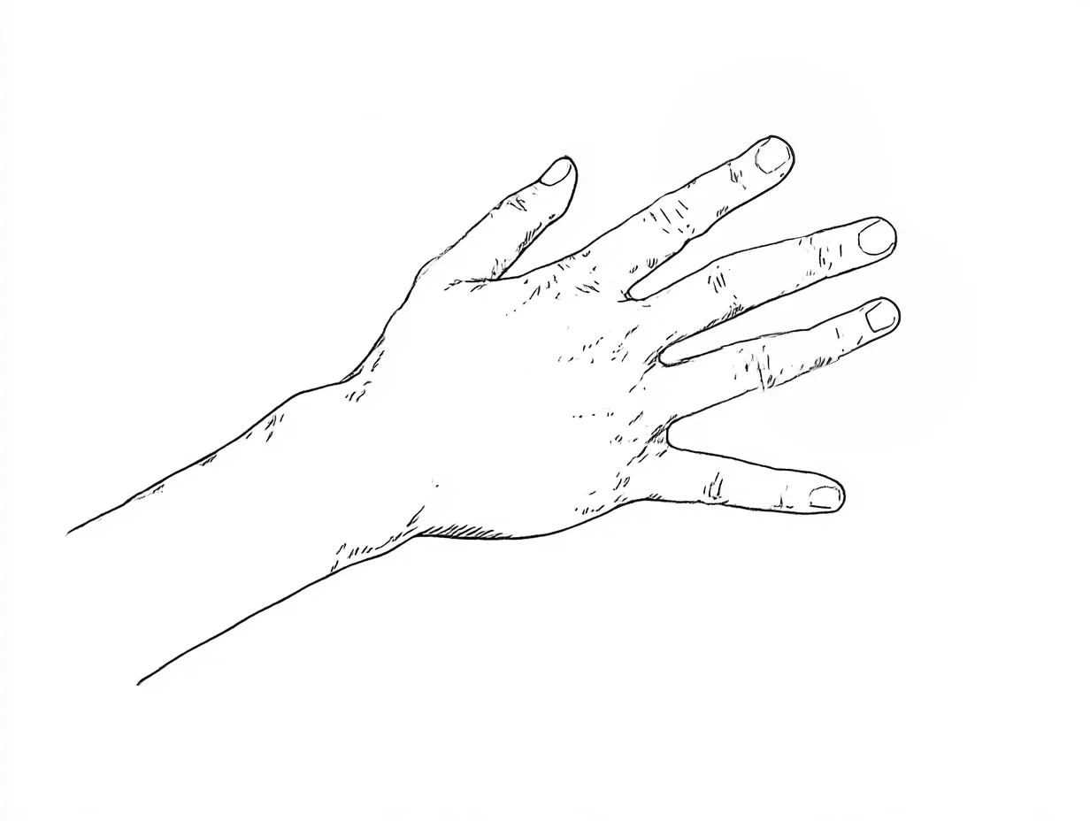 リアルな手の甲｜【基本構造】指を広げて関節や筋を描き方で丁寧に追い、骨格の張りを自然に強調しています。<br>【演出の方向性】細かい皺と陰影を入れることで、年齢や質感を含むリアリティが強まり、生命感を演出しています。<br>