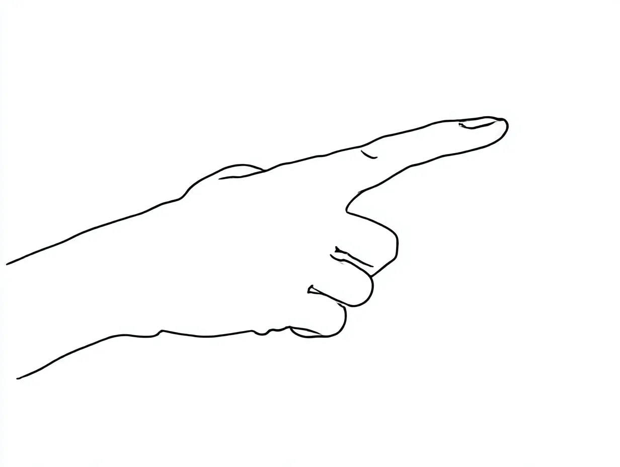リアルな指差し｜【基本構造】人差し指を伸ばし、他の指を曲げる描き方で力の方向性を示しています。手首からの流れを意識し、指先まで線を途切れさせません。<br>【演出の方向性】強い輪郭線で視線誘導を行い、対象を指し示す行為そのものに緊張感や意志を持たせています。<br>