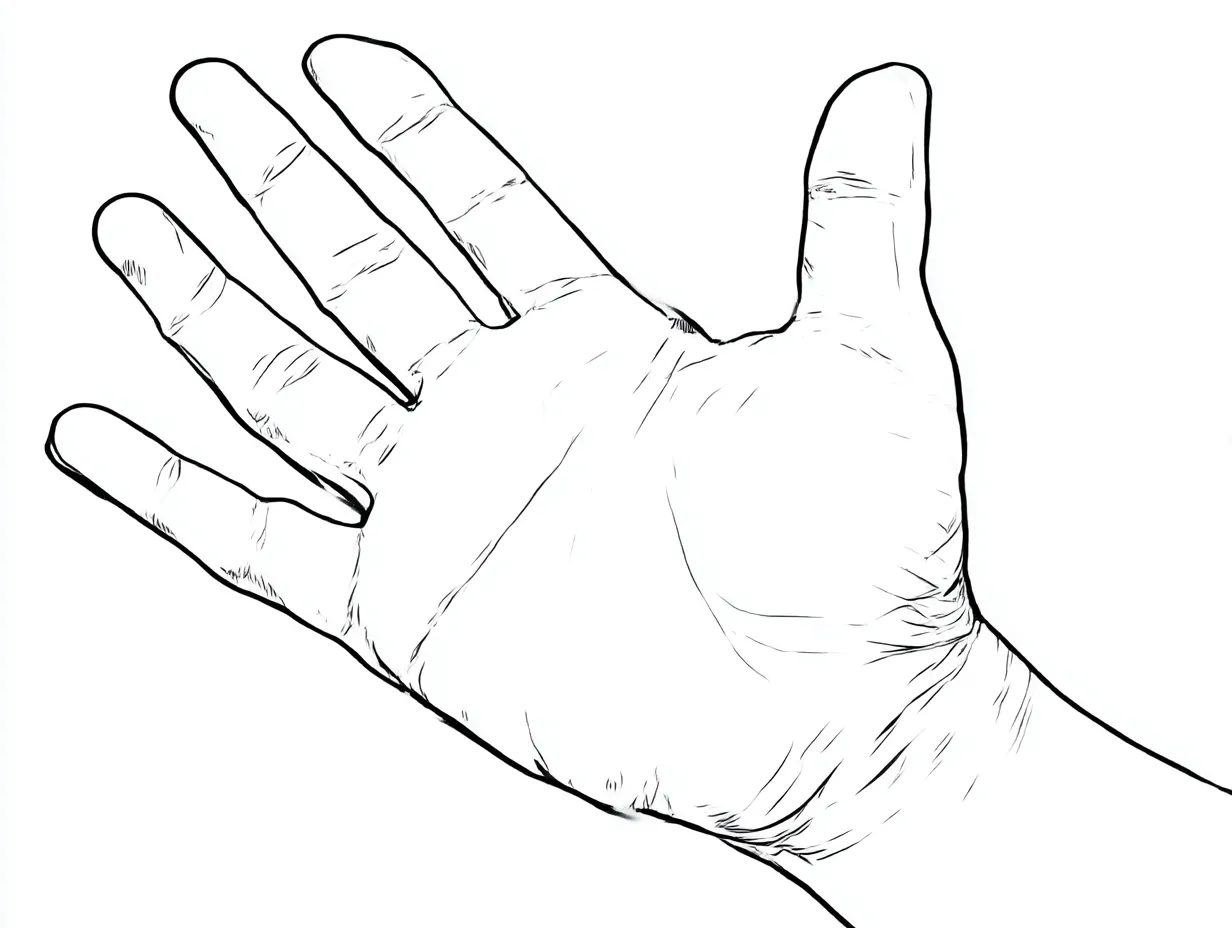 リアルな手のひら（正面）｜【基本構造】正面から手のひらを広げ、指の間隔と皺を描き方で整理し、掌の面積を広く見せています。<br>【演出の方向性】深い線で皮膚の質感を強調し、開放的な印象とともに使用感のある手のリアルさを伝えています。<br>