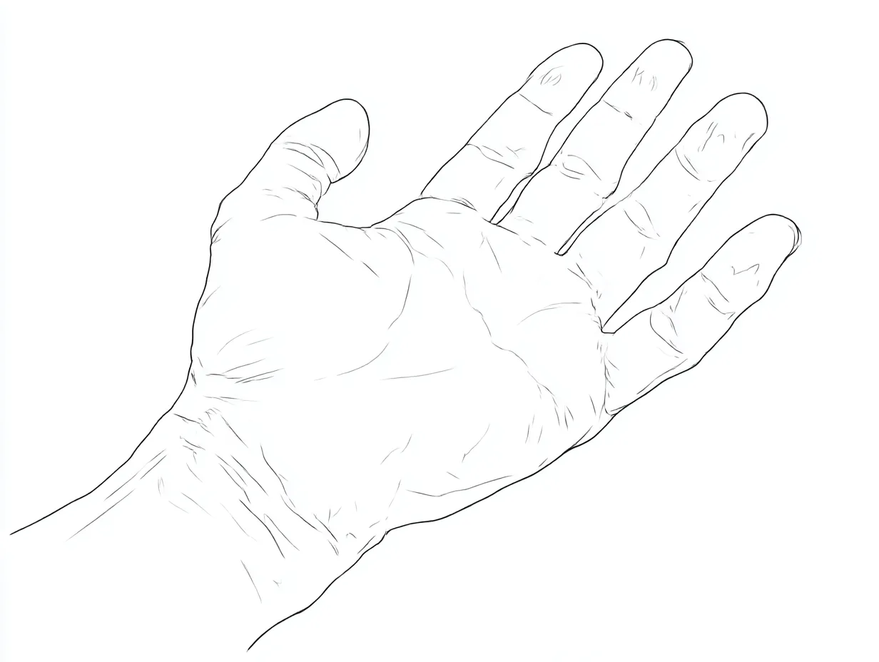 リアルな手のひら（斜め）｜【基本構造】斜めからの角度で手のひらを描き方に取り込み、奥行きを出すために指の縮みを配置しています。<br>【演出の方向性】弱い線で空間的な距離感を生み、柔らかな表情を持つリアルさが加わっています。<br>