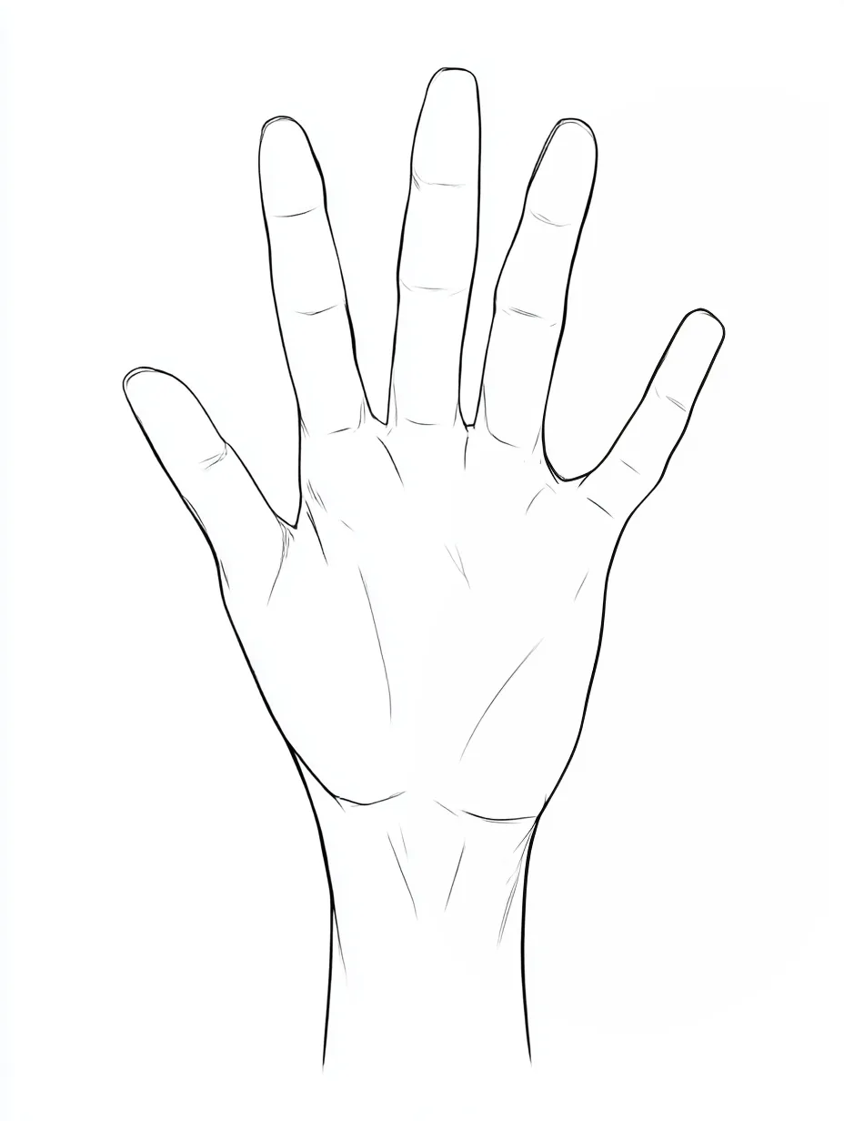 リアルな手のひら（真正面）｜【基本構造】真正面から均等に開いた指を描き方で構築し、手首からの延長線をシンプルにまとめています。<br>【演出の方向性】皺を控えめにすることで、無機質な印象を与え、清潔で記号的なリアリティが際立ちます。<br>