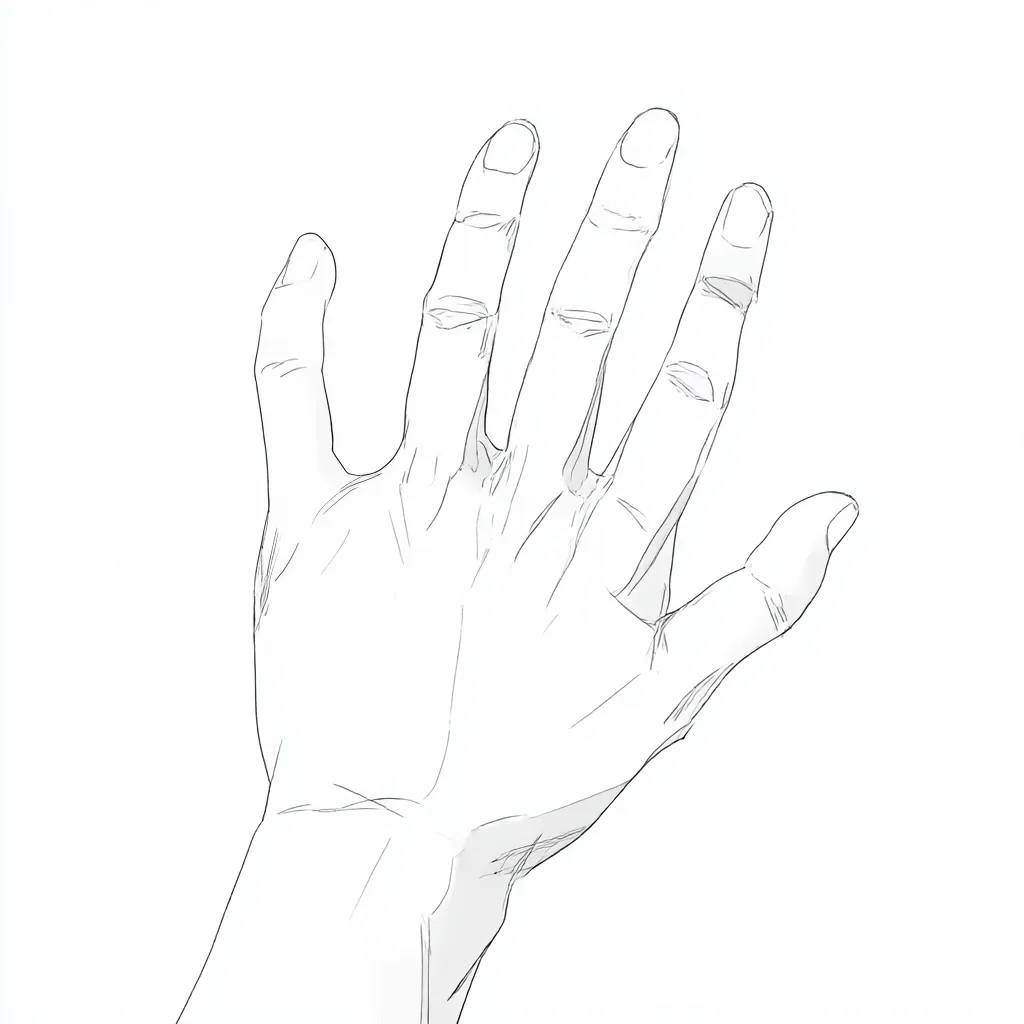 リアルな手の甲（斜め上）｜【基本構造】斜め上から甲を捉え、関節の浮き出しや筋の流れを描き方で強調しています。指の重なりを透視的に配置し、奥行きを示しています。<br>【演出の方向性】淡い影を添えることで立体感を増し、自然な存在感と緊張感が同居するリアルな描写に仕上がっています。<br>