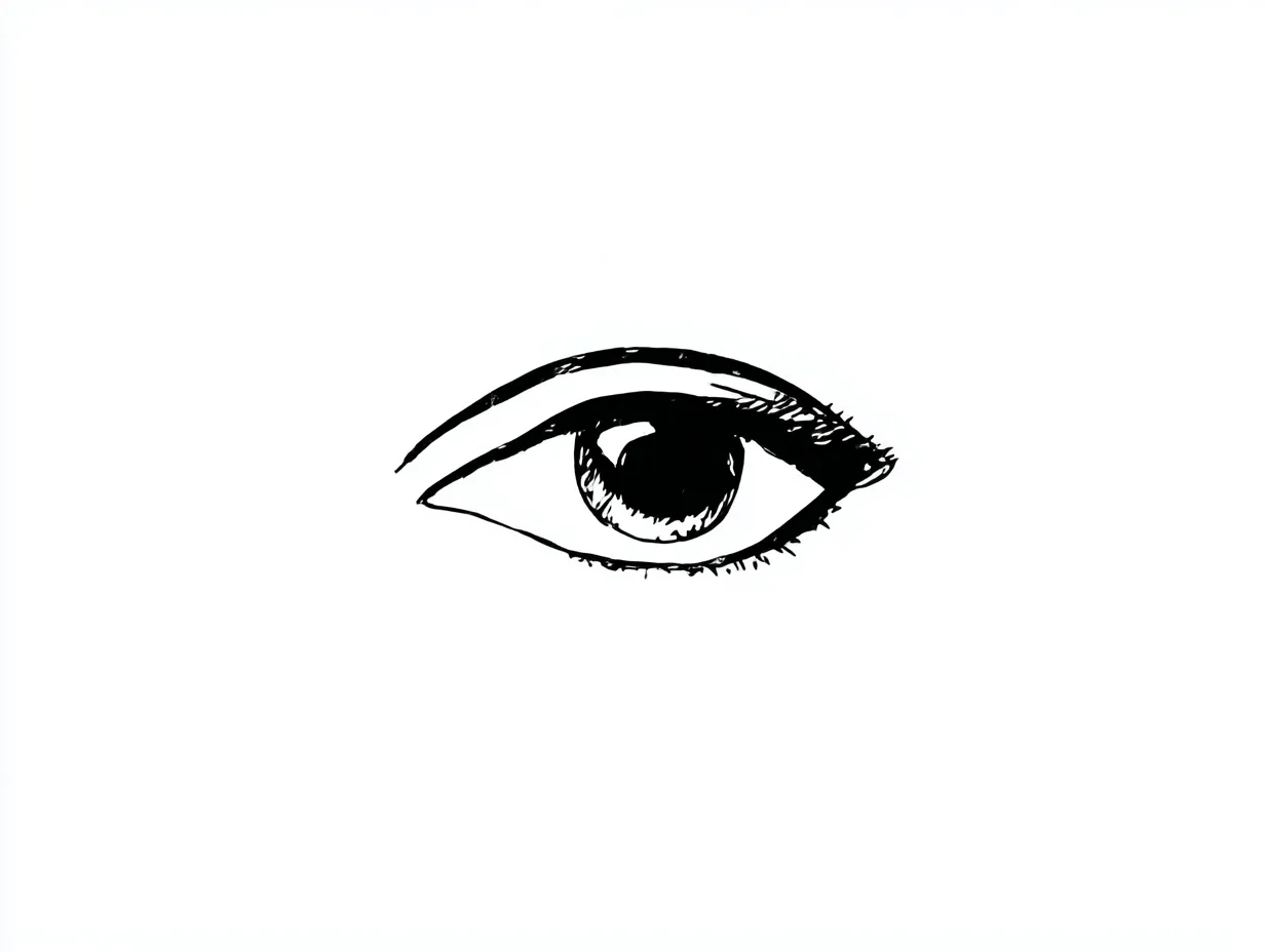 リアルな目（シンプル線画）｜【基本構造】単純なアウトラインと黒塗りの瞳を描き方で整理し、形を把握しやすくしています。<br>【演出の方向性】装飾を抑え、強いコントラストで目の存在感だけを際立たせ、象徴的で力強い印象を与えます。<br>