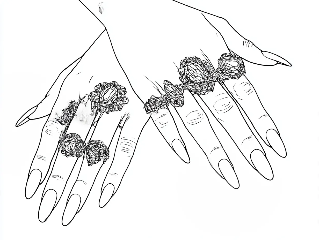 リアルな指（装飾線画）｜【基本構造】細線で輪郭を整え、リングや爪を繊細な描き方で重ねています。<br>【演出の方向性】陰影を省き線のみで華やかさを出し、シンプルさの中に華麗さを際立たせています。<br>