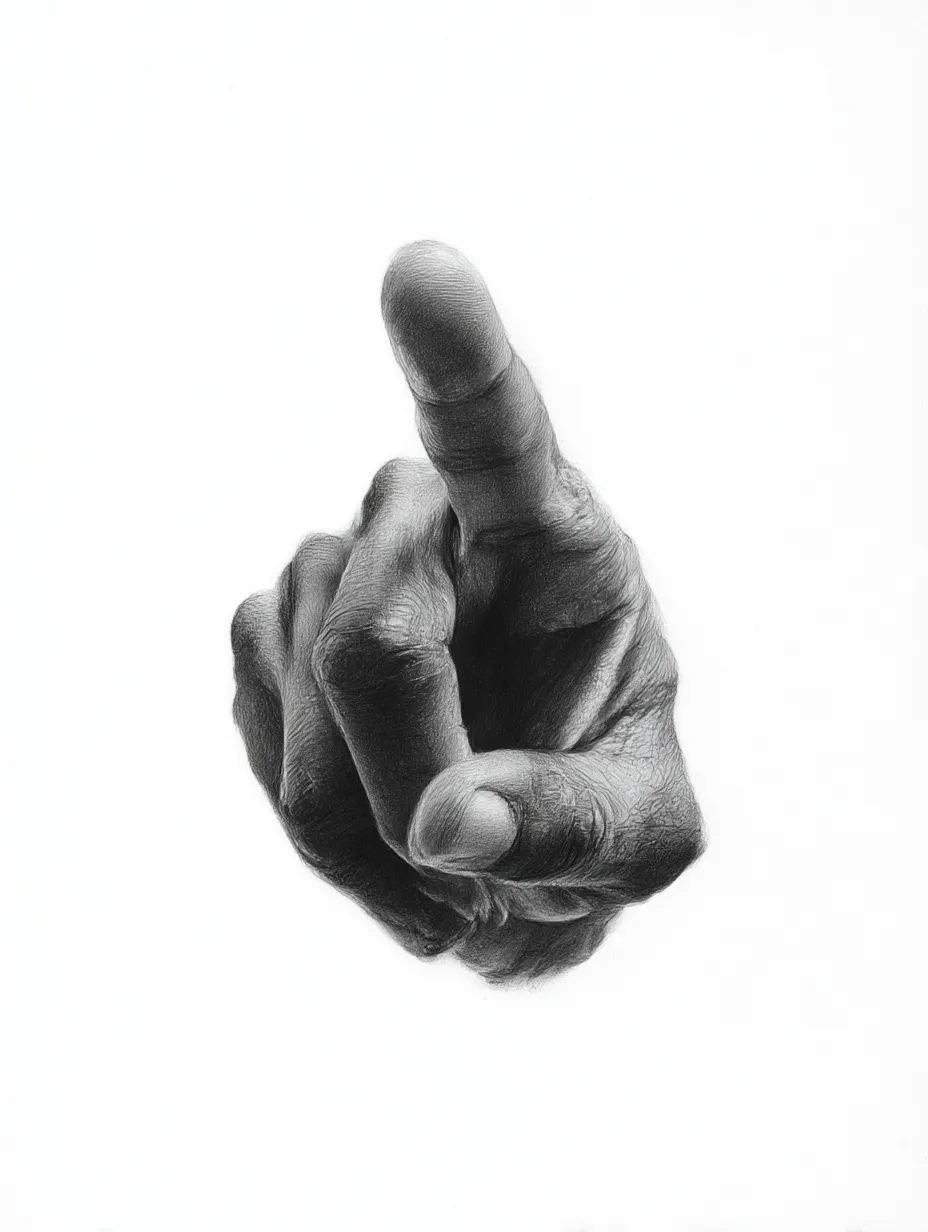 リアルな指（前方指差し）｜【基本構造】正面から指を突き出す描き方で、短縮表現により奥行きを強調しています。<br>【演出の方向性】深い影を加えることで、迫力や指示の強さをリアルに表現しています。<br>