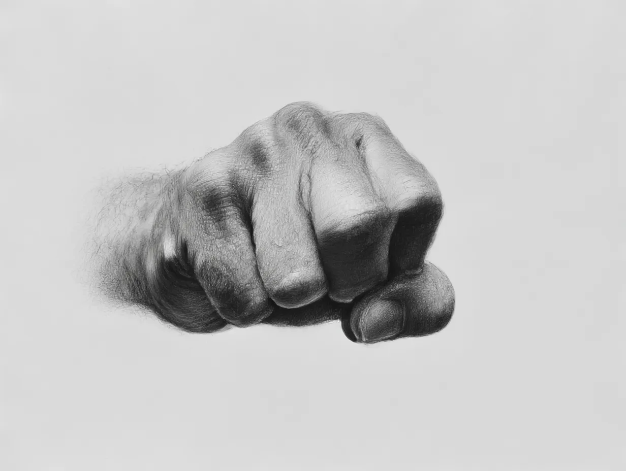 リアルな指（握りこぶし）｜【基本構造】拳を握る描き方で、関節や筋肉の盛り上がりを強調しています。<br>【演出の方向性】濃厚な陰影が力強さを増し、意志や抵抗の象徴としての印象を強めています。<br>