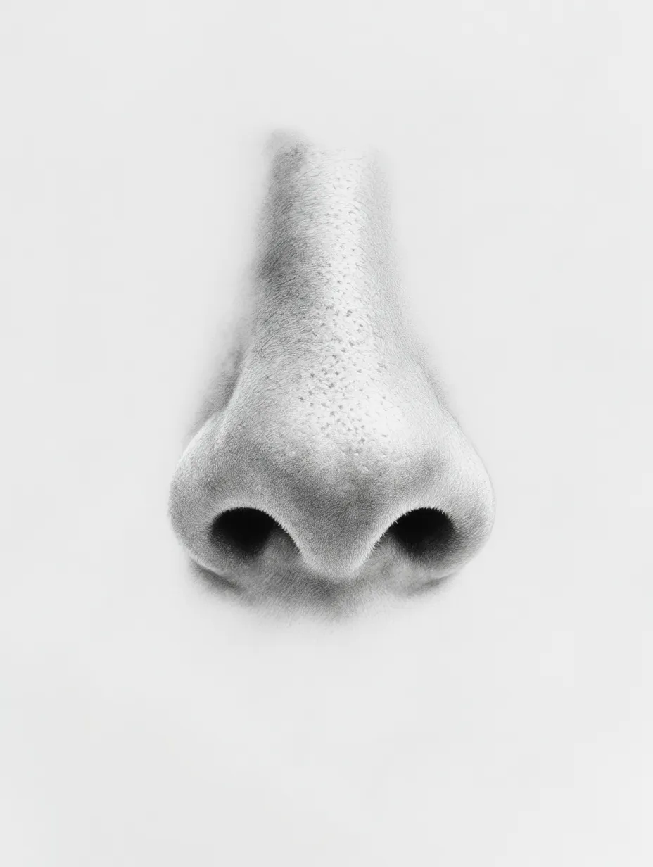 リアル鼻の正面（精緻な陰影）｜【基本構造】鼻筋を中心に正面からの形を捉える描き方で、両側の鼻孔の位置を正確に配置しています。陰影で奥行きを強調しています。<br>【演出の方向性】光を中央に集めることで立体感を強調し、柔らかな影が自然な存在感を与えます。均整の取れた表現が整った印象を与えます。<br>