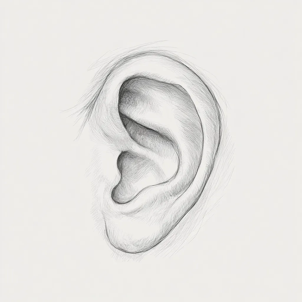 リアルな耳（繊細な線描）｜【基本構造】細かい毛流や軟骨の形を滑らかな描き方で追い、輪郭線を明瞭に整理しています。<br>【演出の方向性】軽い陰影で自然さを保ち、観察的で落ち着いたリアル感を演出しています。<br>