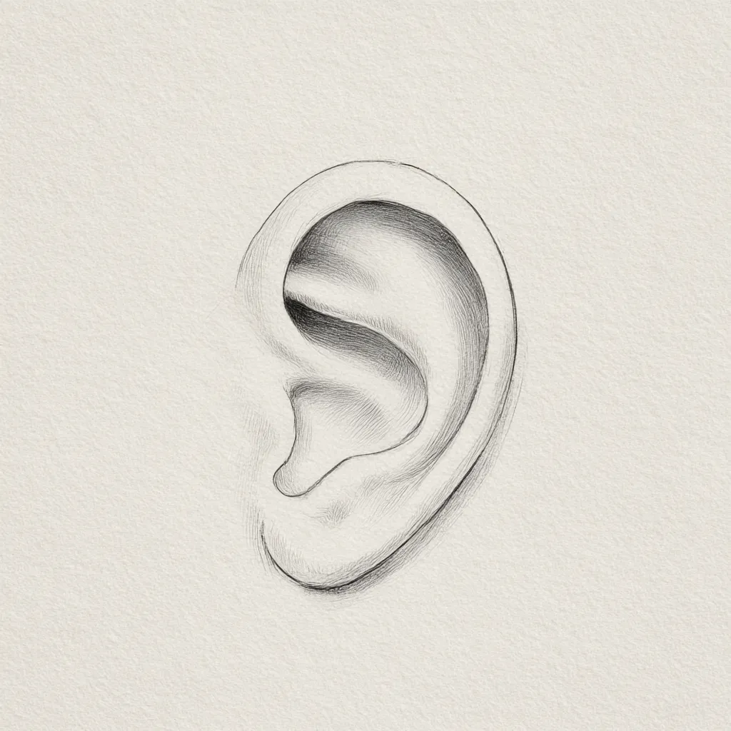 リアルな耳（簡潔な陰影）｜【基本構造】耳の主要な凹凸だけを描き方で示し、余計な細部を省略したシンプルな構成です。<br>【演出の方向性】最小限の影で立体感を生み、簡潔ながらも鮮明なリアルさを保っています。<br>